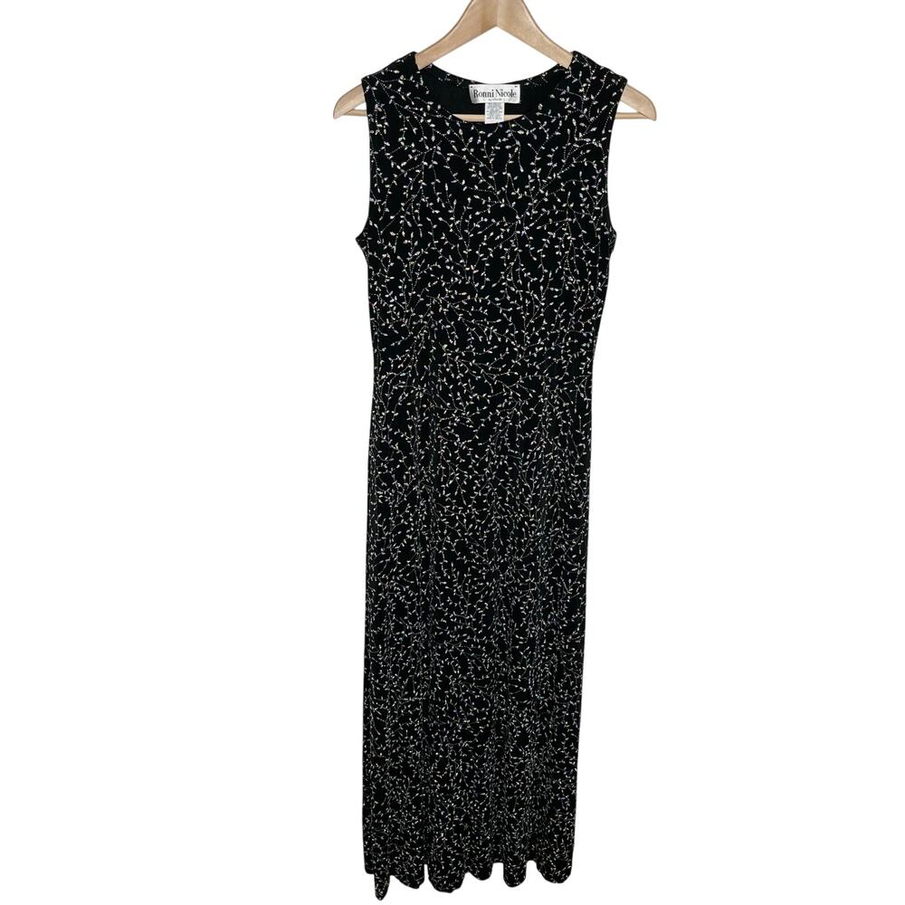 Vintage Ronni Nicole Sleeveless Glitter Maxi Dress 8 Black Leaf Print Slinky